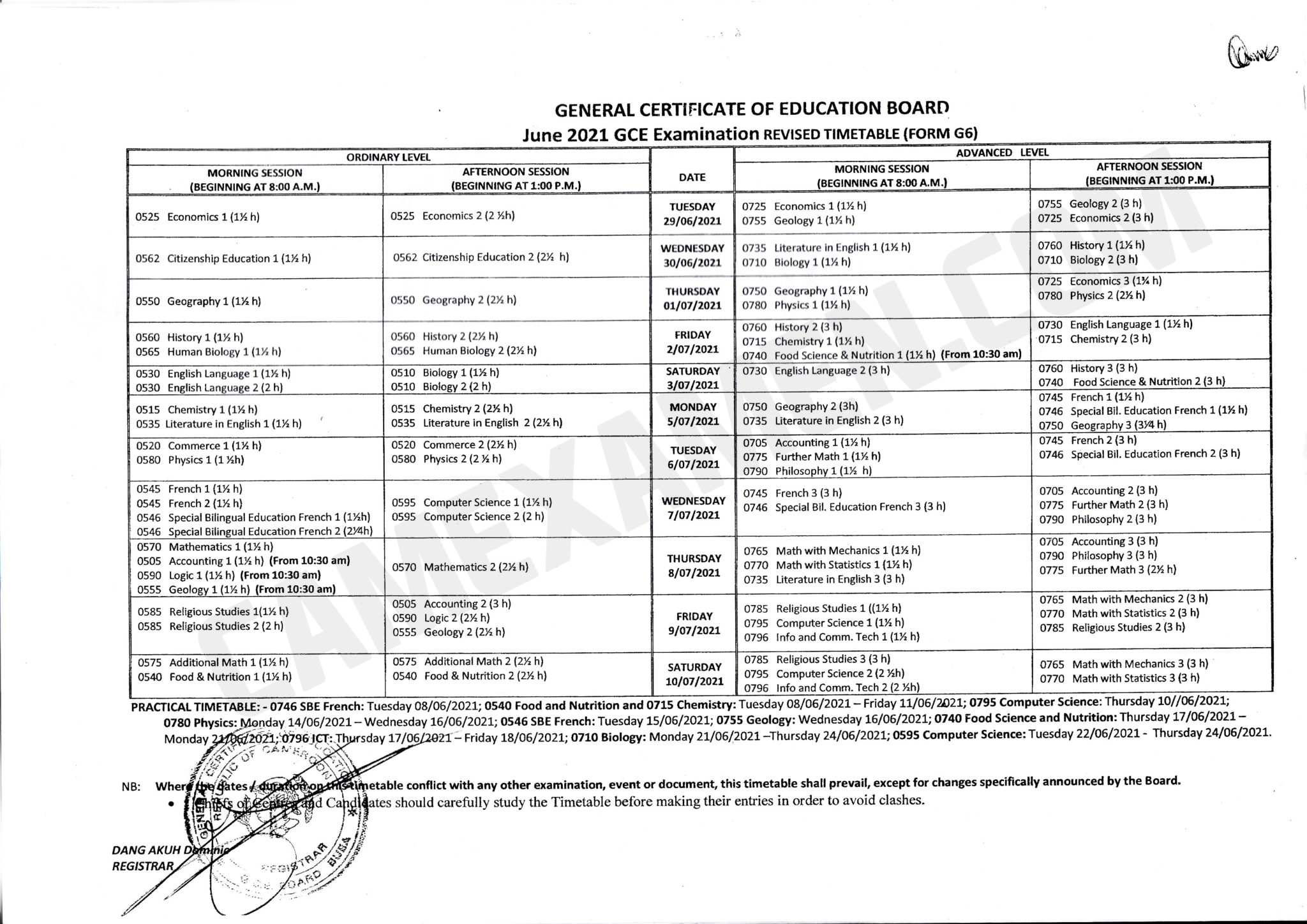 General Certificate of Education Board 2021 GCE Examination Timetable