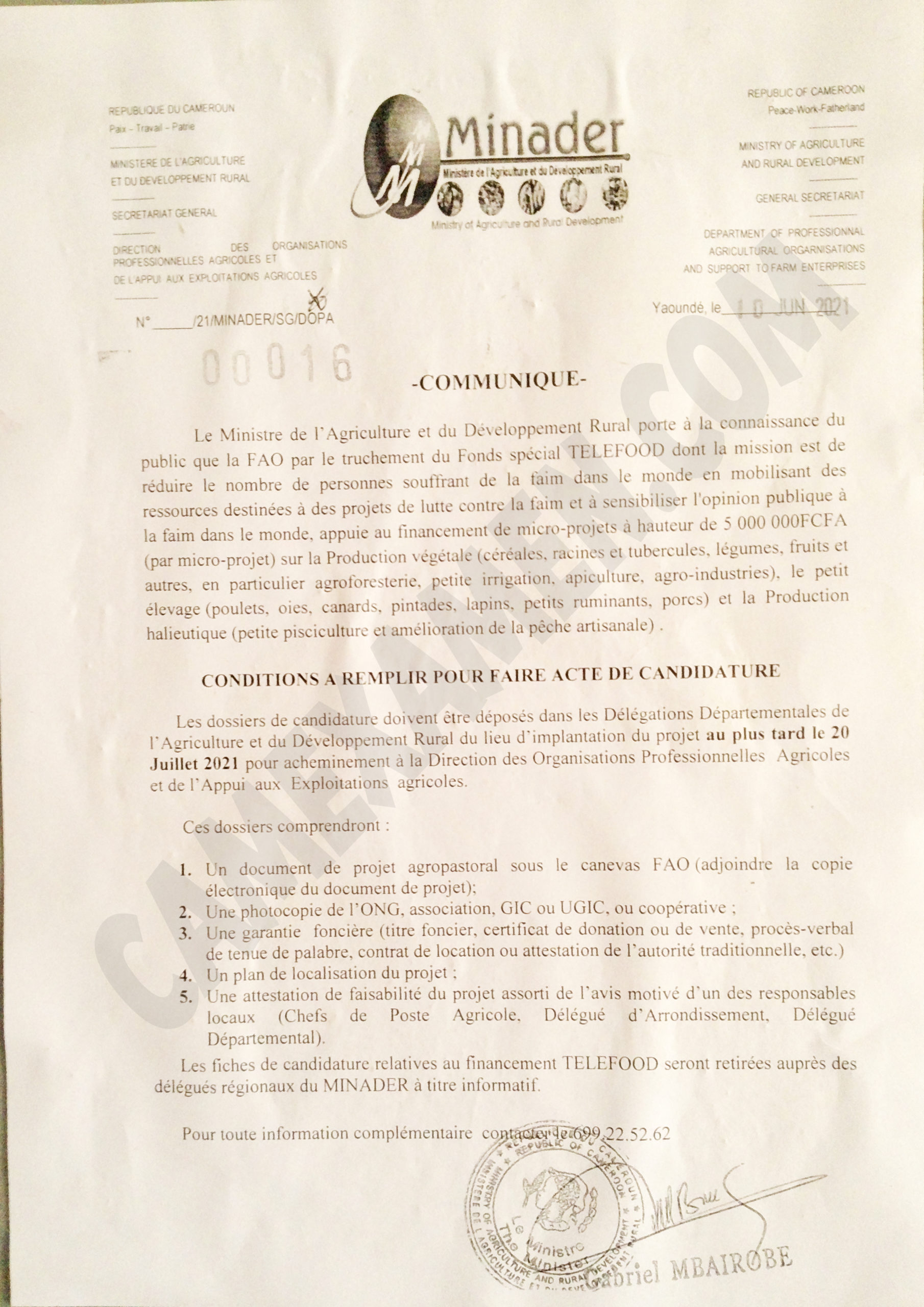 Cameroun  Financement des projets agropastoraux par le Fonds Spécial